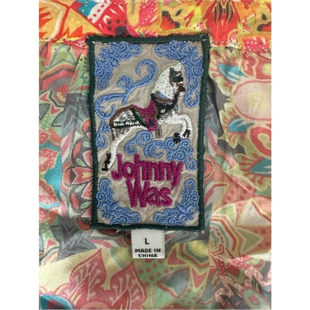 Johnny Was Kaleida Zenovia Silk Patchwork Midi Dress Size L Boho Tiered - Picture 8 of 14